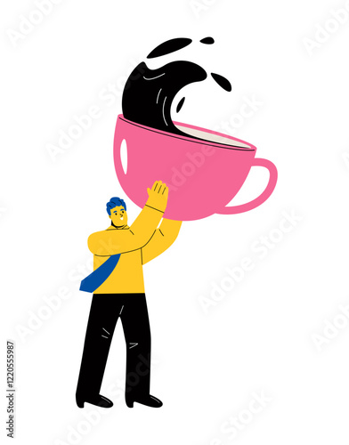 Business man holding big coffee mug. Flat vector illustration isolated on white background