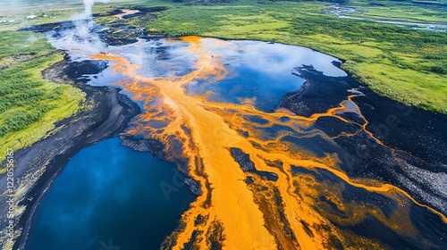 Aerial view of vibrant orange river flowing through lush landscape.