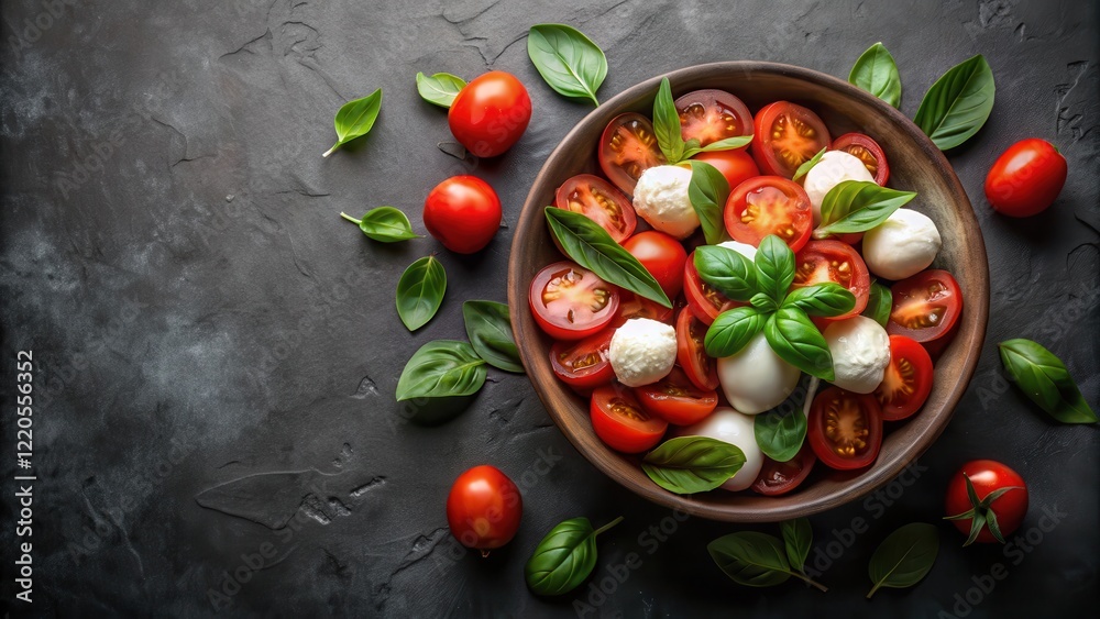 A bowl of juicy tomatoes with fresh basil leaves and mozzarella cheese on a dark grey background, amidst olive branches , black background, tomatoes A bowl of juicy tomatoes with fresh basil leaves and mozzarella cheese on a dark grey background, amidst olive branches , black background, tomatoes