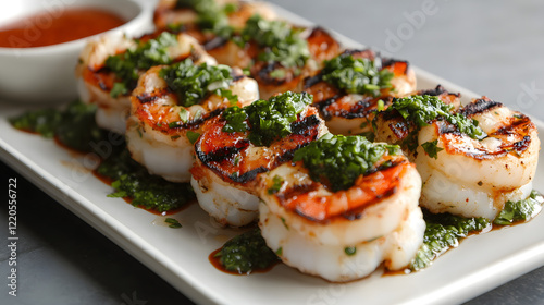 Wallpaper Mural A Vibrant Dish of Grilled Shrimp with Cilantro Chimichurri on a Light Gray Surface Surrounded by Exquisite Sauces Torontodigital.ca