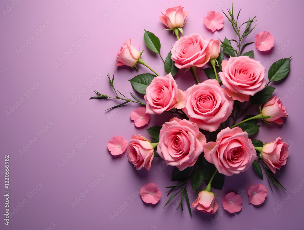 An exquisite composition of pink roses on a purple background, emphasizing the elegance and beauty of the flowers. An exquisite composition of pink roses on a purple background, emphasizing the elegance and beauty of the flowers.