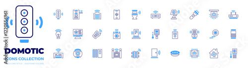 Domotic icon collection. Bold line style. Duotone colors. lightbulb, smart home, remote control, washing machine, door, thermal camera, air conditioner, vacuum cleaner, heater, gate