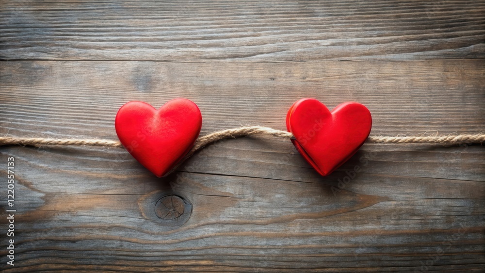 Two red hearts connected by a small rope, redheart union, love knot, redheart union Two red hearts connected by a small rope, redheart union, love knot, redheart union
