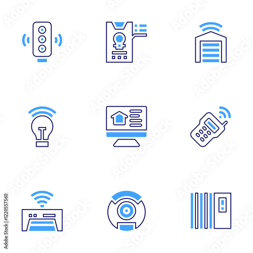 Domotic icon set. Bold line style. Duotone colors. Editable stroke. traffic lights, lights, garage, lightbulb, smart home, remote control, air conditioner, vacuum cleaner, heater photo