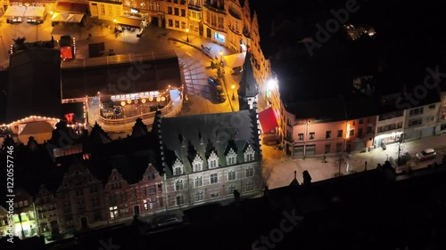 historical vleeshuis dendermonde belgium night market square city hall belfry featured unique perspective close up side aerial shot view scene  photo