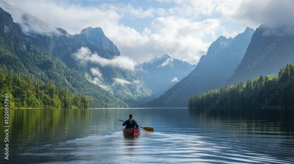 Kayaker paddles serene mountain lake, misty peaks Kayaker paddles serene mountain lake, misty peaks