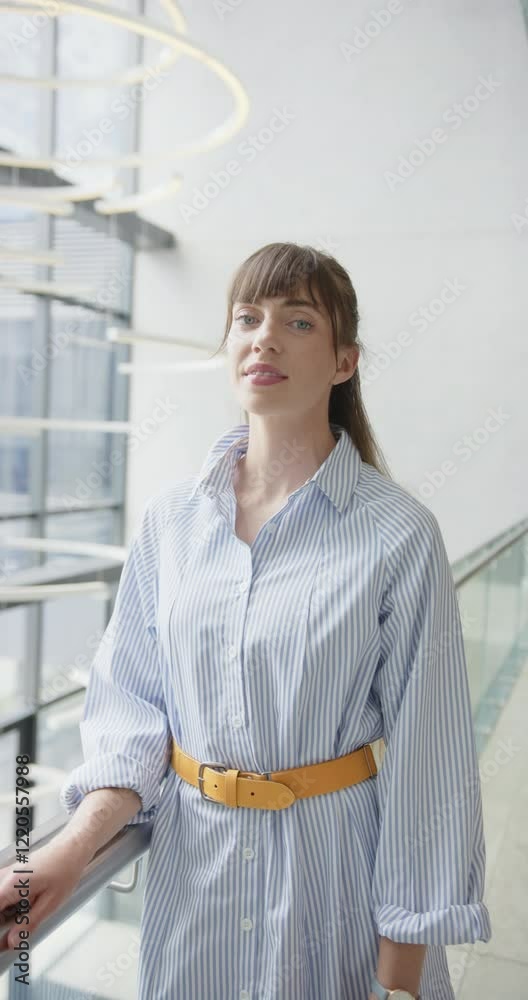 Vertical video: Smiling woman in striped shirt standing indoors, looking at camera Vertical video: Smiling woman in striped shirt standing indoors, looking at camera