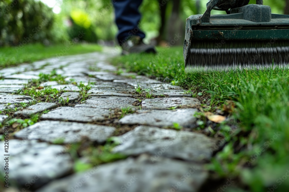 Grass being trimmed along a stone pathway with sharp precision. Grass being trimmed along a stone pathway with sharp precision.