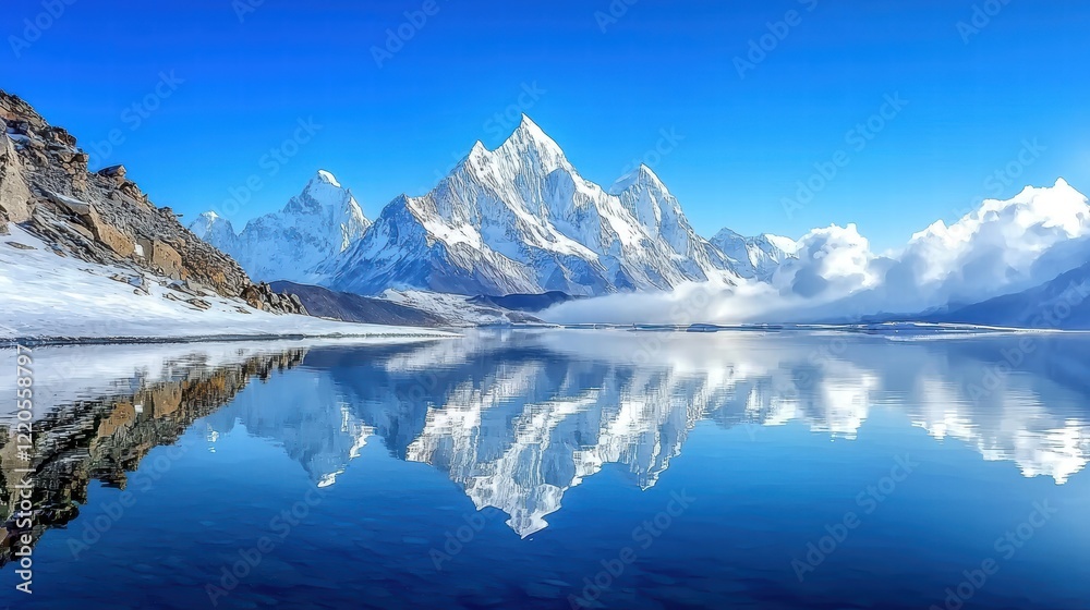 Fototapeta premium A serene mountain lake reflecting snow-capped peaks and a clear blue sky