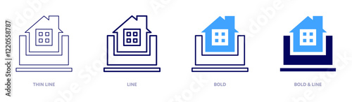 Home icon in 4 different styles. Thin Line, Line, Bold, and Bold Line. Duotone style. Editable stroke