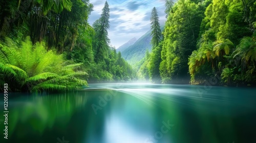A tranquil river flowing through a jungle surrounded by towering trees and dense greenery