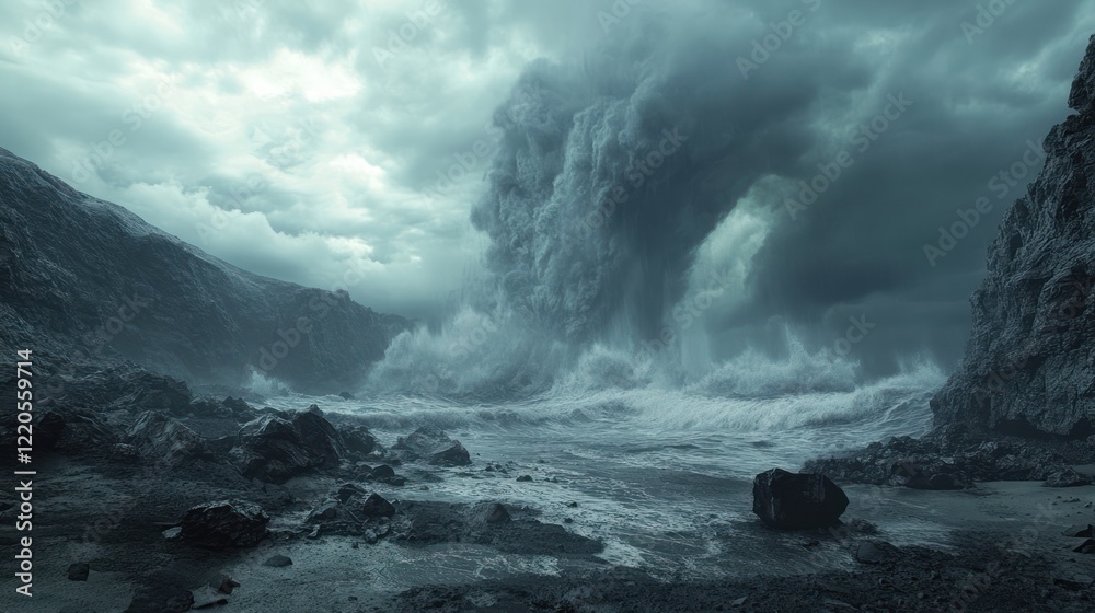 Coastal Storm Apocalyptic waves crash on rocky shore, dark clouds swirl Coastal Storm Apocalyptic waves crash on rocky shore, dark clouds swirl