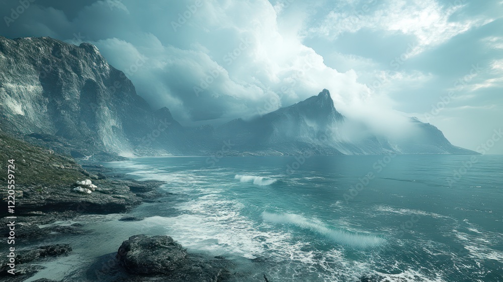 Naklejka premium Dramatic coastal mountainscape, stormy sea, overcast sky, game background
