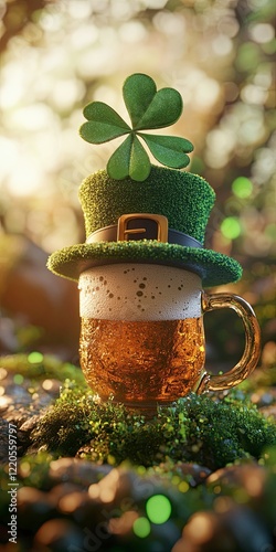 Festive glass of beer topped with a green hat and shamrock amidst lush greenery in a sunlit forest