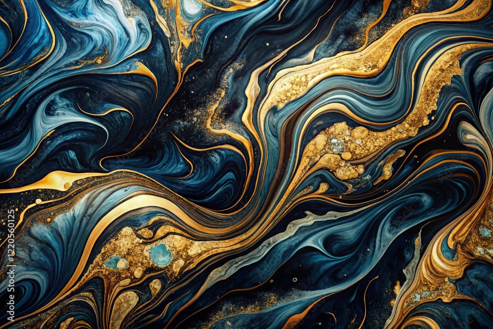 Obraz premium Abstract Marble Background: Black, Gold, & Blue Swirls