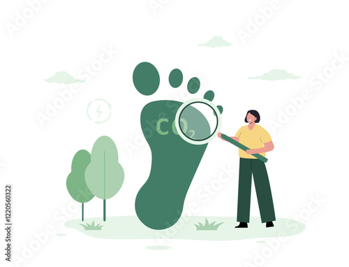 CO2 neutral. Carbon dioxide footprint, environmental pollution. Climate change. Net zero. Female character with magnifier. Vector illustration in flat cartoon style.