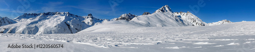 beautiful panoramic view on snowy mountain range  in French alps in Tarentais...