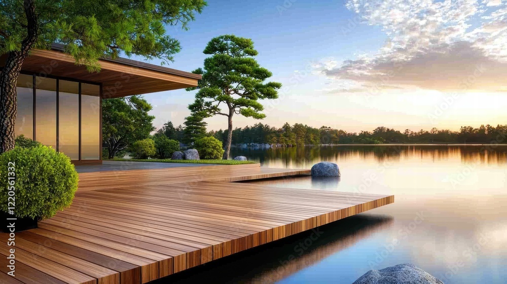 A waterfront property with a wooden deck extending over a calm, reflective lake A waterfront property with a wooden deck extending over a calm, reflective lake