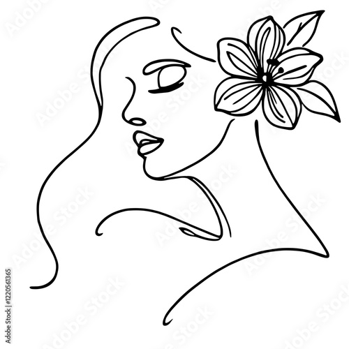 Profile of woman with flower, woman's profile, vector, black line drawing, minimalistic, single line, simple line, isolated, transparent background