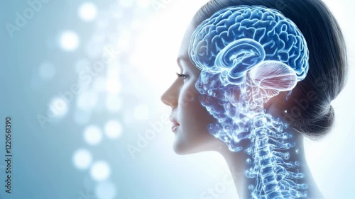 Woman's profile with glowing blue brain visualization and neural network, medical and artificial intelligence concept animation, horizontal  video