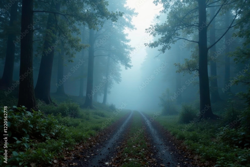 Fototapeta premium Fog creeps over the ground and shrouds a forest path, fog, atmosphere