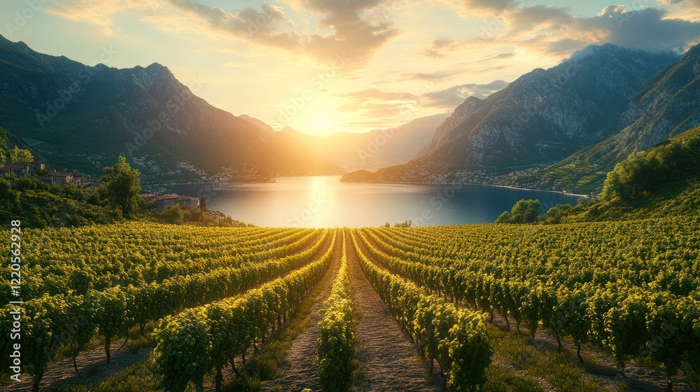 Fototapeta premium Sunset vineyard rows, lake, mountains, Italy, tourism