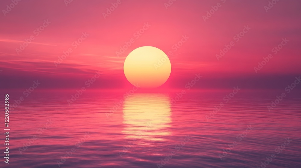 Pink sunset over calm ocean, clouds reflecting, peaceful scene Pink sunset over calm ocean, clouds reflecting, peaceful scene