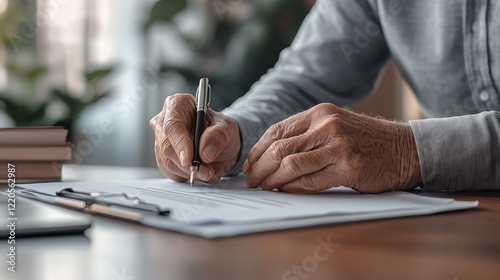 An elderly, man, sits, desk, signs, business, papers, close up