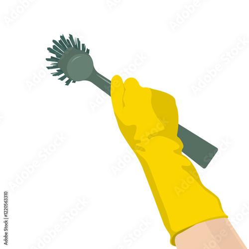 Human Hand In Yellow Glove Holds Dish Brush, Isolated On White Background. Vector Illustration