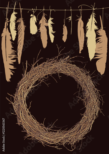 A4 vector banner on theme of paganism, black magic and witchcraft with black bird crow feathers and wreath of dry branches and roots in a circle  in the folk shaman style and place for an inscription