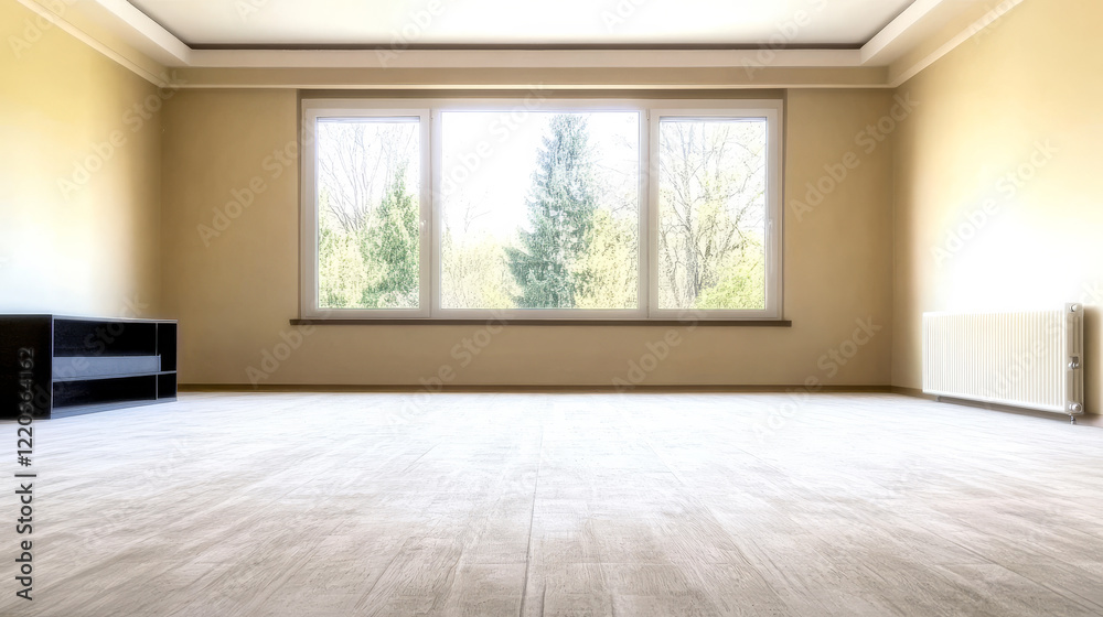 Fototapeta premium Spacious empty room with large windows and natural light in a modern setting