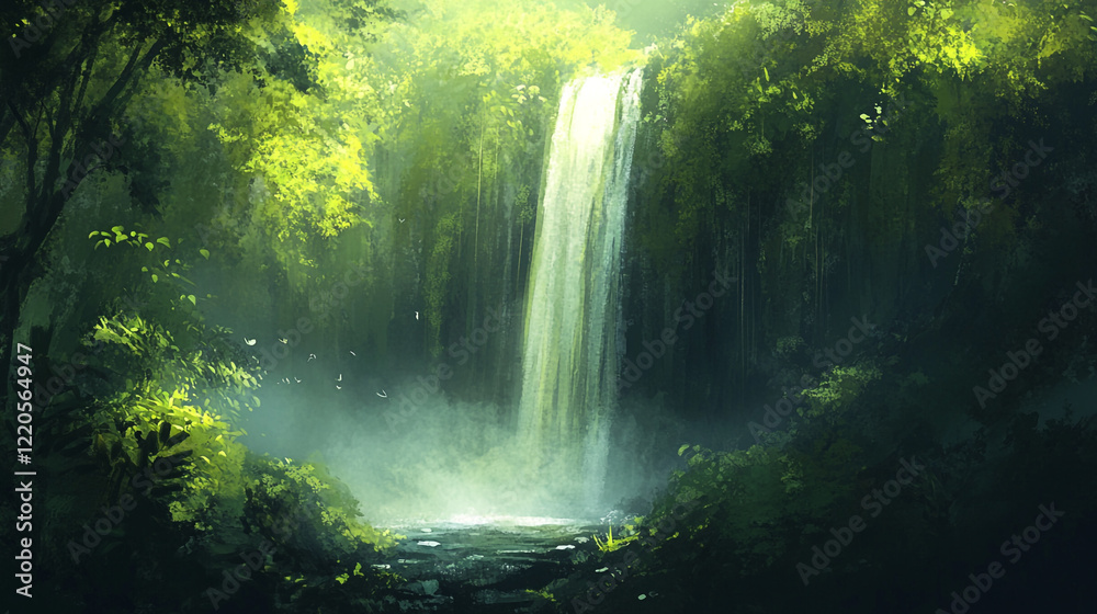 Serene Waterfall Lush Green Forest Tranquil Nature Scene Digital Painting Artwork Illustration calm Serene Waterfall Lush Green Forest Tranquil Nature Scene Digital Painting Artwork Illustration calm