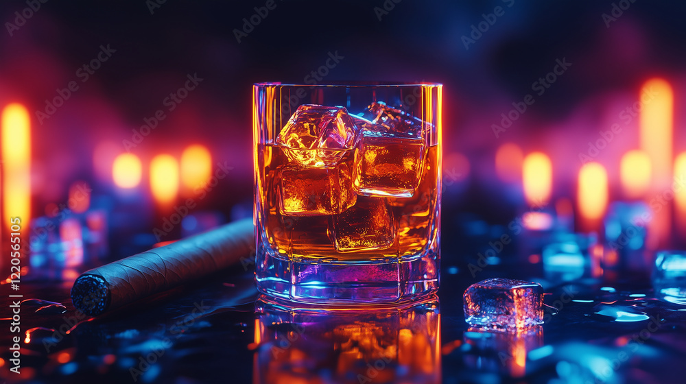 Whiskey Glass with Ice and a Cigar in Neon Lighting - Perfect for Bar Promotions, Luxury Lifestyle, and Nightlife Themes Whiskey Glass with Ice and a Cigar in Neon Lighting - Perfect for Bar Promotions, Luxury Lifestyle, and Nightlife Themes