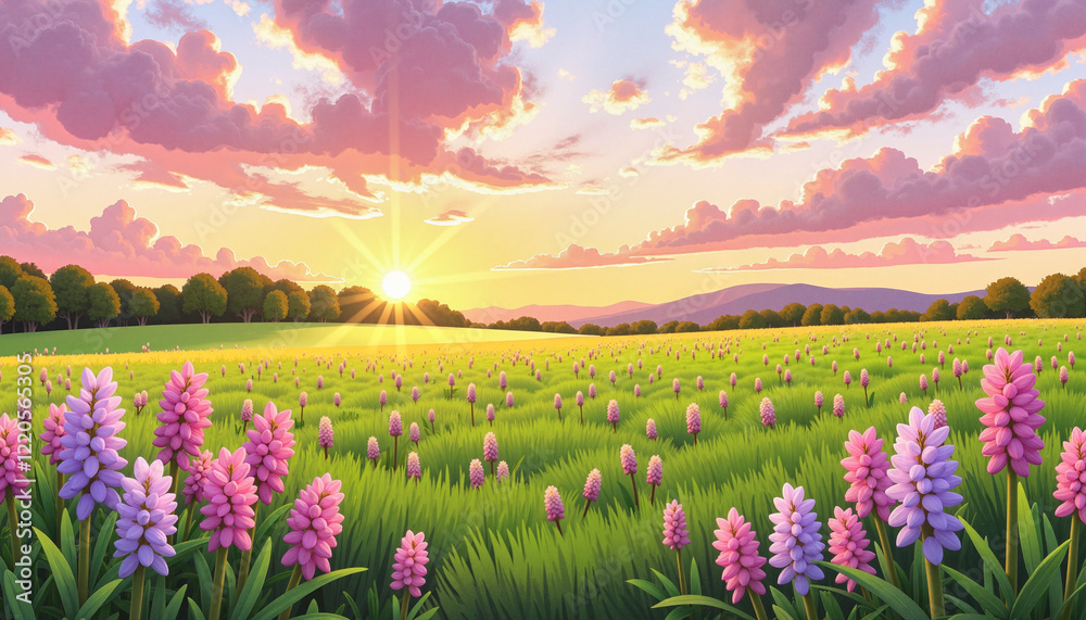 Fototapeta premium Vibrant hyacinth flowers blooming at sunrise, nature's beauty