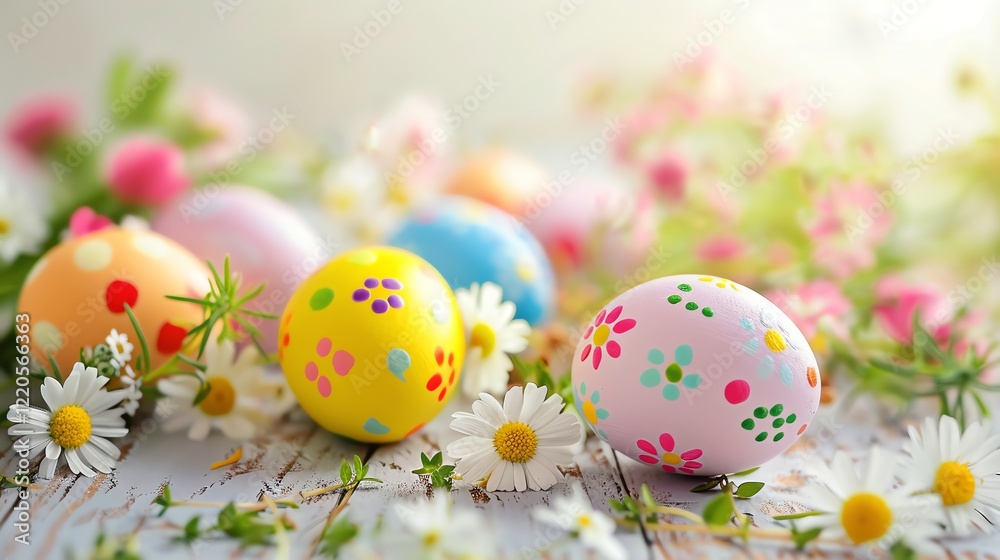 Fototapeta premium Colorful Easter eggs among spring flowers.