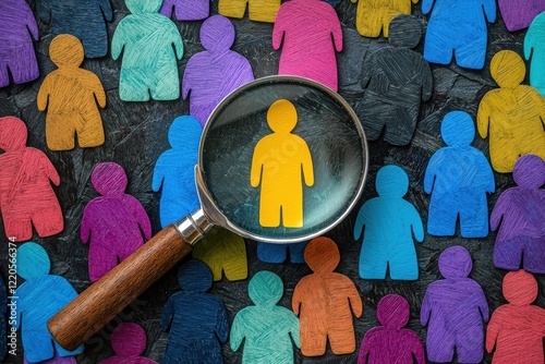 A magnifying glass focusing on a unique figure among colorful silhouettes, representing individuality and distinctiveness in a crowd.