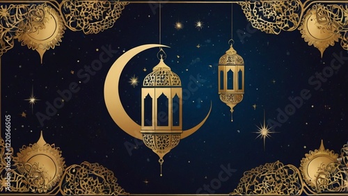 Ramadan vibrant theme background with lanterns and crescent moon