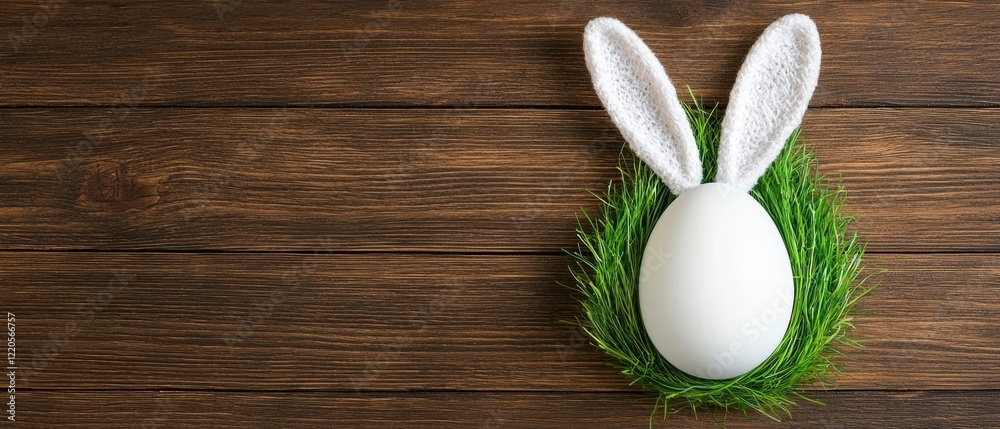 Fototapeta premium A whimsical white egg with bunny ears resting on green grass against a rustic wooden background, ideal for Easter themes.