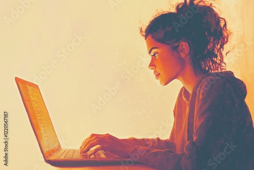 A young woman focused on her laptop, engrossed in coding or online work.