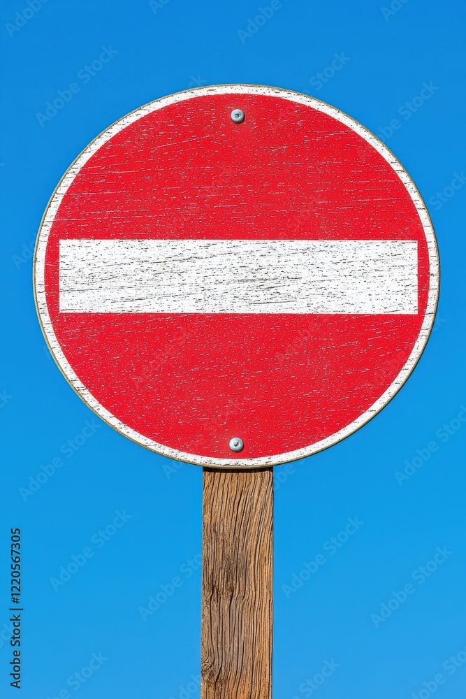 Red prohibition sign against a clear blue sky, symbolizing restriction and limits with a rustic wooden pole. Red prohibition sign against a clear blue sky, symbolizing restriction and limits with a rustic wooden pole.