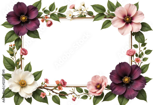 Floral frame with pink, white and purple flowers on a branch with green leaves transparent background