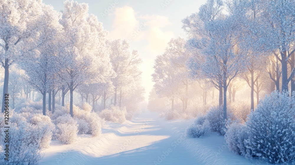 Naklejka premium Sunlit snowy path through winter forest, sunrise