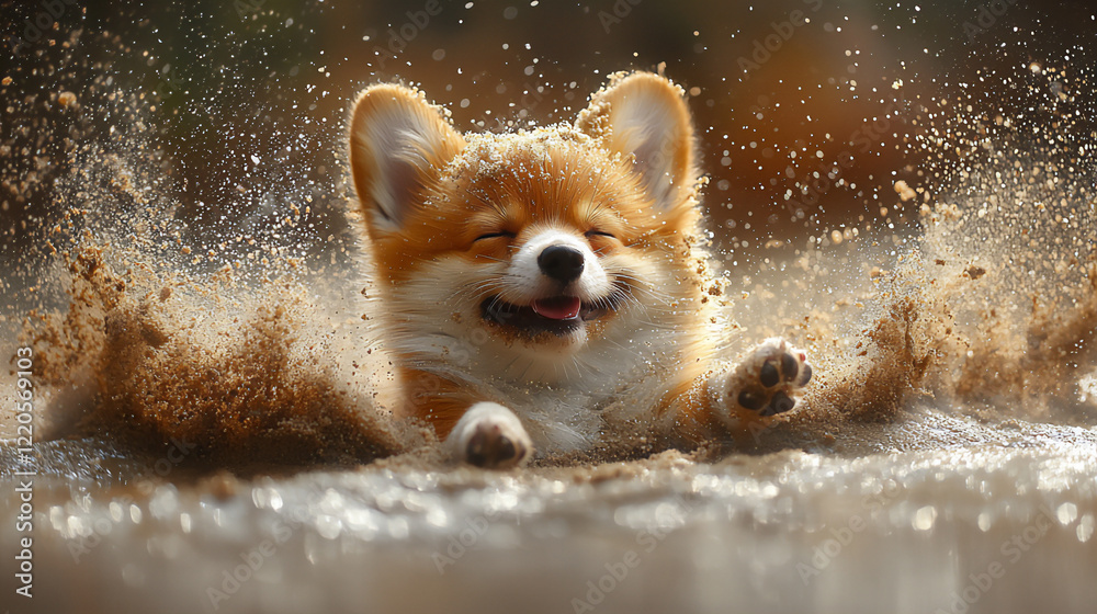 Obraz premium corgi rolling in sand