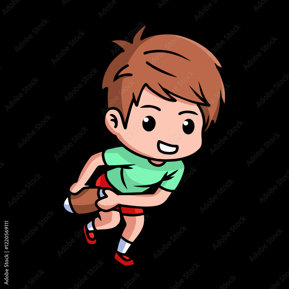 Boy rugby player holding a rugby ball in running pose, chibi character in black background