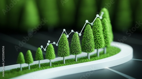 A visual representation of growth, featuring miniature trees arranged in ascending order along a curved path, symbolizing data trends and environmental sustainability. photo