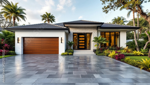 Modern Luxury Home with Elegant Landscaping, Wooden Garage Door, and Contemporary Residence Featuring Stylish Design and Tropical Plants