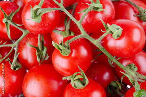 Juicy fresh cherry tomatoes on a twig with green leaves ,background