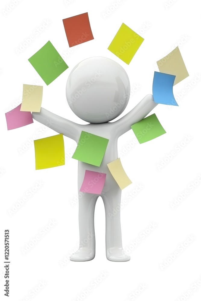Isolated Figure with Flying Sticky Notes Isolated Figure with Flying Sticky Notes