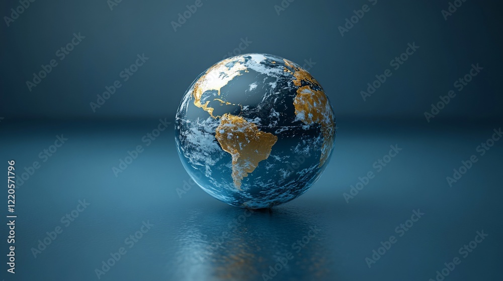 Golden Earth globe rotating, dark blue background, digital rendering, global concept Golden Earth globe rotating, dark blue background, digital rendering, global concept
