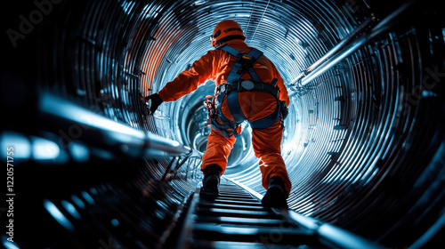 Climber in orange suit ascends wind turbine shaft, showcasing determination and skill